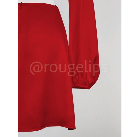 Strappy Red Satin Cut Out V-Neck Short Dress Long Lantern Sleeves Tie Neck - Picture 8 of 9